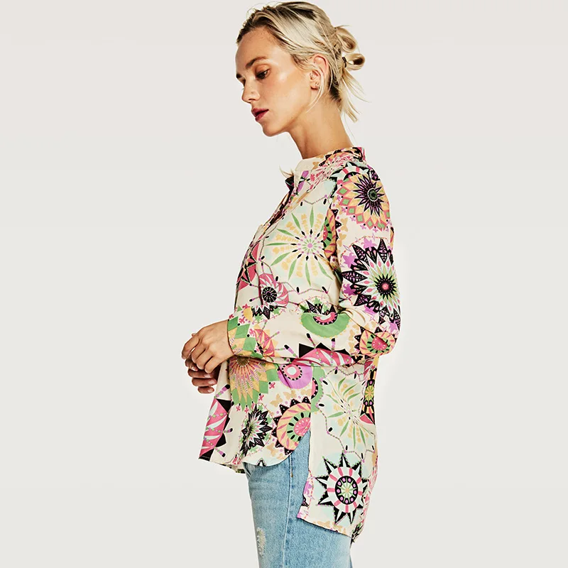 Мода 2018 блузка рубашка Для женщин осенние весенние цветы Блузки Топы vintage Высокий