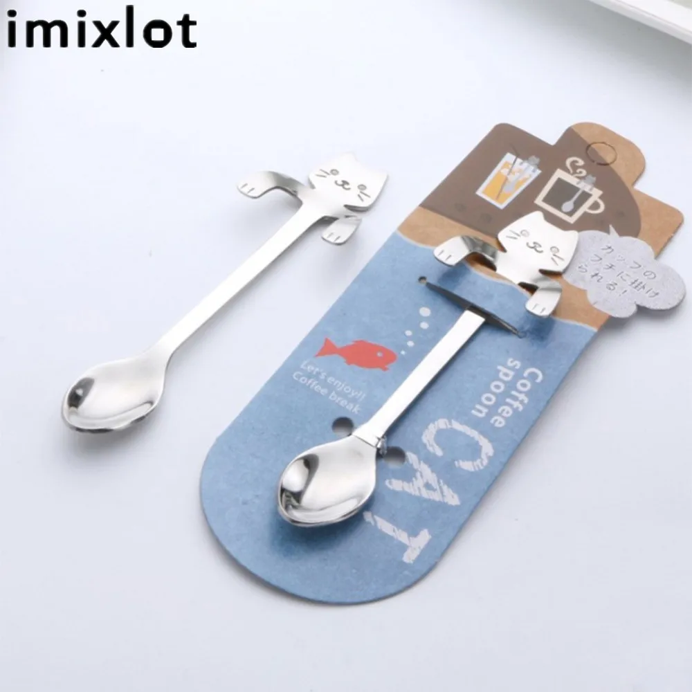 Imixlot 1Pc Stainless Steel Spoon Cute Cartoon Kitten Handle Special Design Pudding Coffee Unique Creative Tableware | Дом и сад