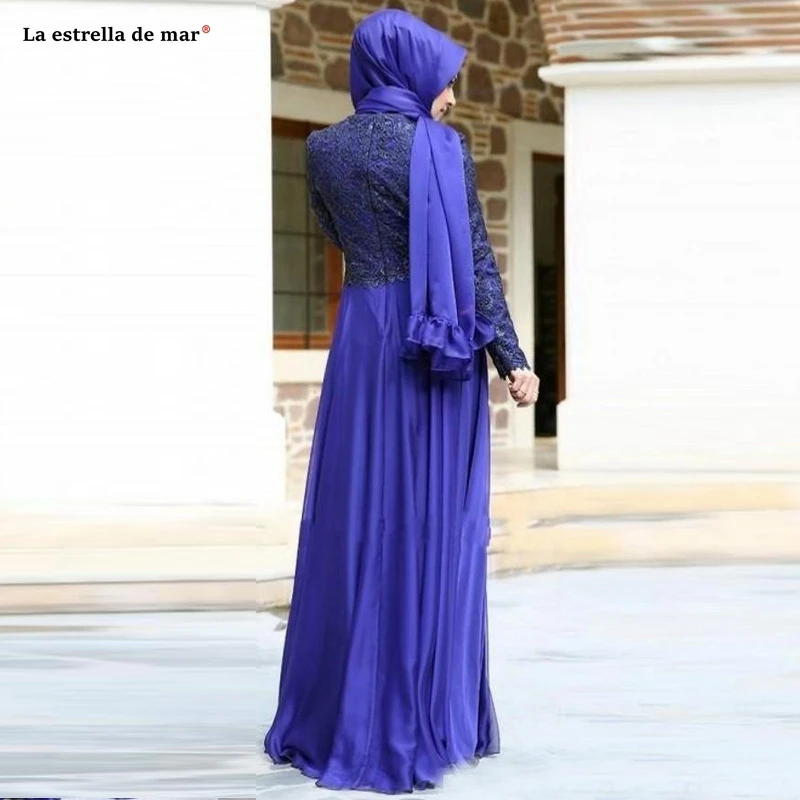 

Plus size robe soiree new lace chiffon long sleeve Aline headscarf royal blue muslim evening dresses long prom party gown