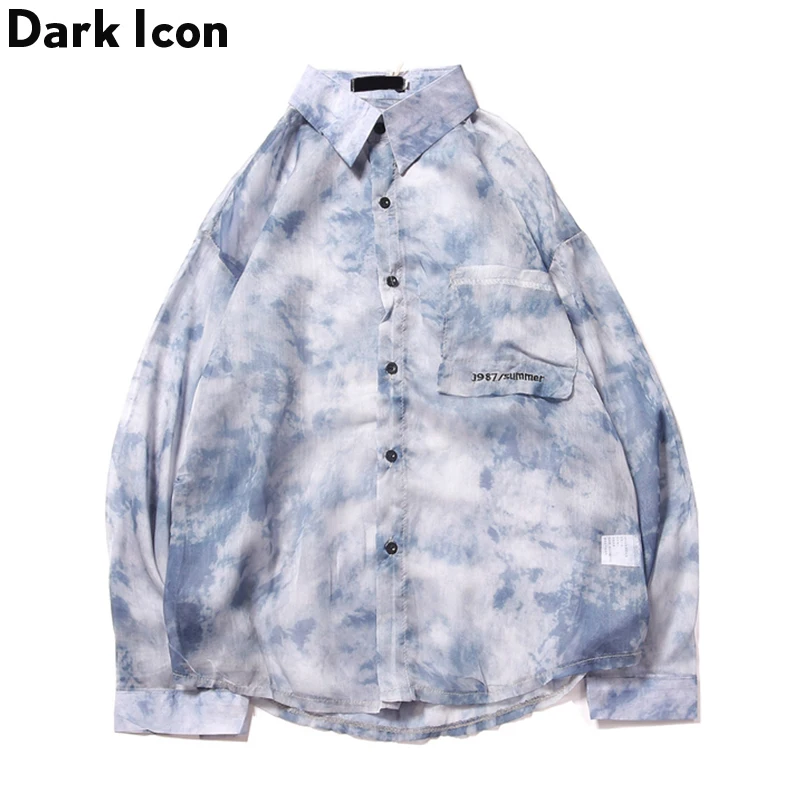Dark Icon Tie Dyeing Turn-Down Collar Mush Shirts Men 2019 Autumn Street Hip Hop Thin Men’s Shirt Long Sleeve Blue/Grey | Мужская
