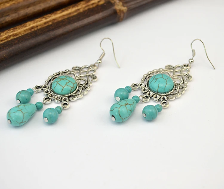 

Bohemian Hollow Out Stone Beaded Vintage Silver Fashion Drop Dangle Earrings Jewelry Gift