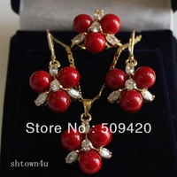 free shipping wholesale beautiful bride wedding red shell pearl white crystal pendant earring ring
