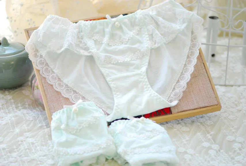 Aqua Настоящие фотографии, Размеры M, L, XL, милые хлопковые уникальные кружевные трусики принцессы с бантом и жемчужинами, нижнее белье, трусики-стринги WP228 - Цвет: Aqua