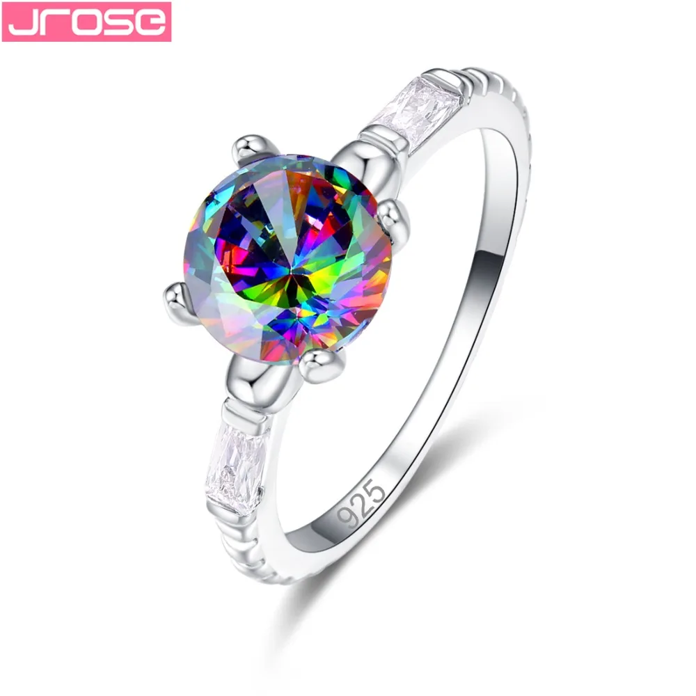 

JROSE Simple Style Pretty Fashion Round Cut Rainbow & Black & White Cubic Zircon Silver Jewelry Cocktail Ring Size 6 7 8 9