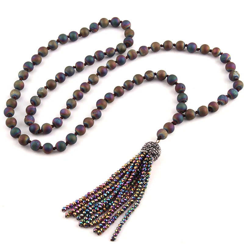 

Free Shipping Fashion Natural Druzy Bead Long Knotted Crystal Tassel Punk Necklaces