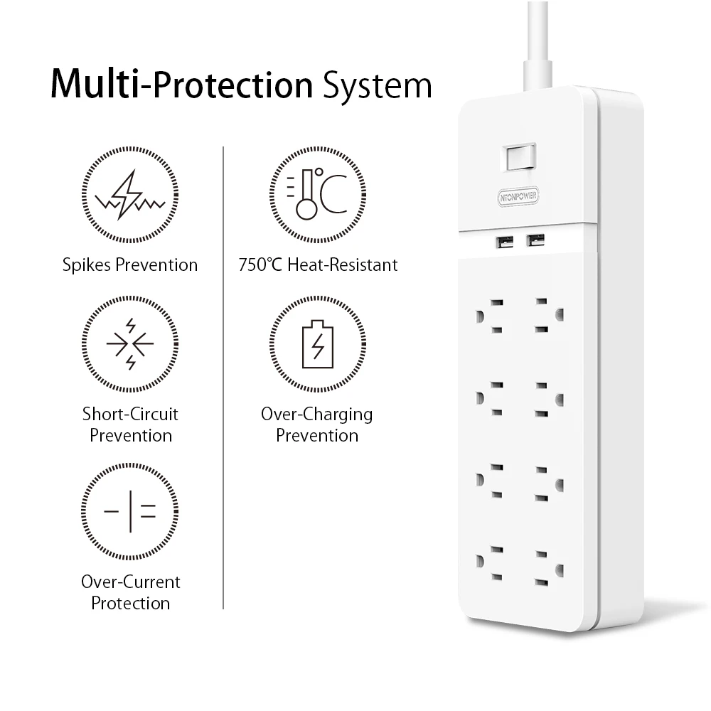 NTON POWER Smart Power Strip с 8 разъемами переменного тока 2 USB для защиты от перенапряжения