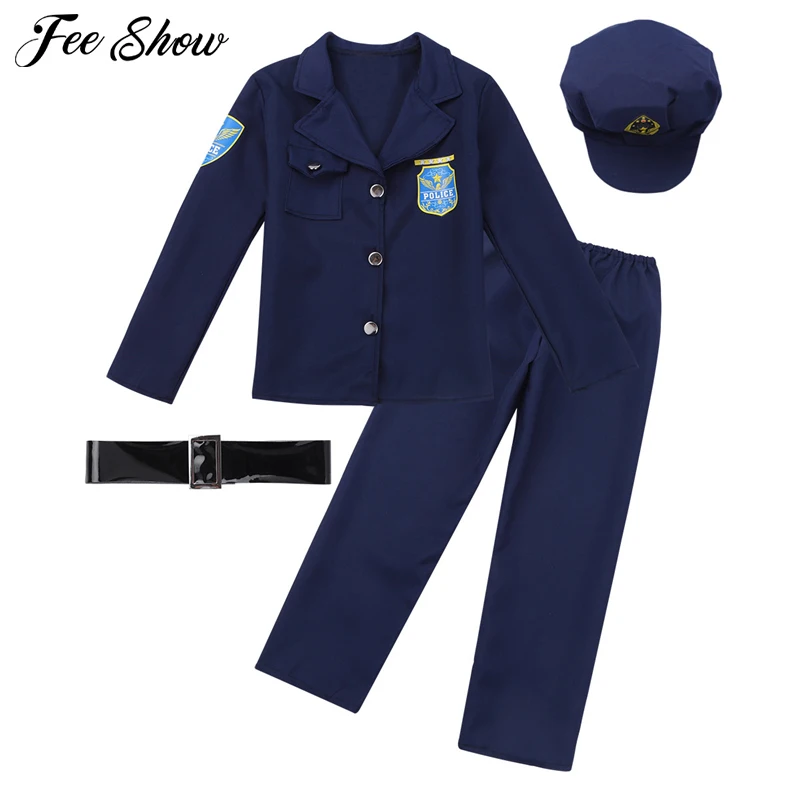 Novelty Boys Police Costume Cosplay Career Halloween Party Dress Up Jacket with Pants Hat Belt Set for Kids Costumes |