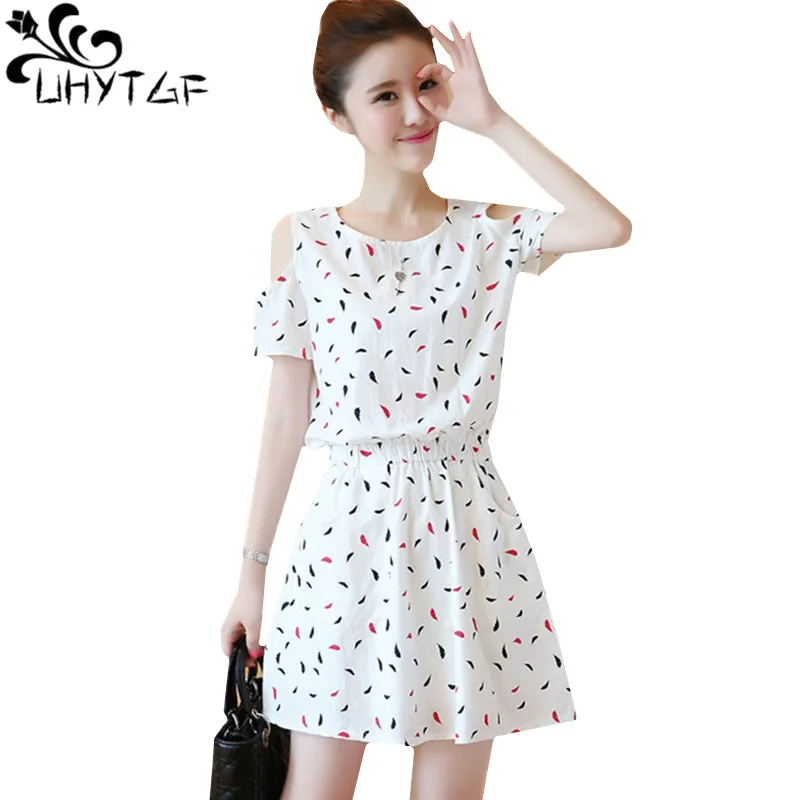 

UHYTGF Cute girl summer dress small fresh off-the-shoulder waist elegant female dresses short-sleeved bohemian bandage dress 653