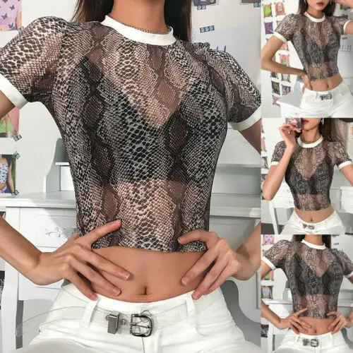 Модные летние женские прозрачные футболки из змеиной кожи с коротким рукавом