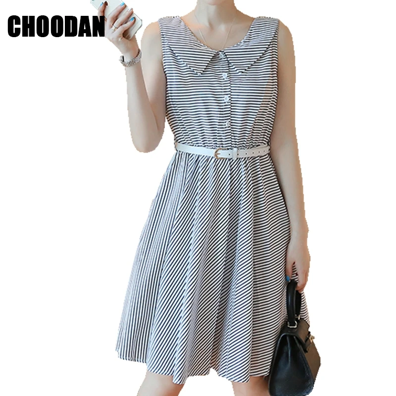 Женское платье в полоску летнее короткое без рукавов Корейском стиле с круглым