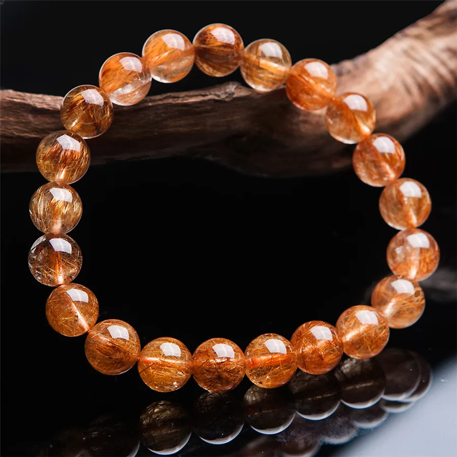 9mm Natural Genuine Brazilian Copper Hair Rutilated Quartz Crystal Round Beads Jewelry Stretch Bracelets For Women Femme | Украшения и