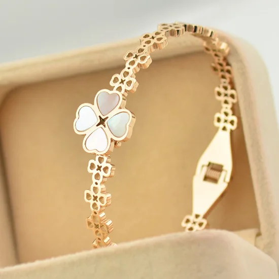 Brand Luxury clover with white shell thin flowers bracelet Bangles Titanium Rose Gold Bracelet Bangle Jewelry Women Acessories | Украшения