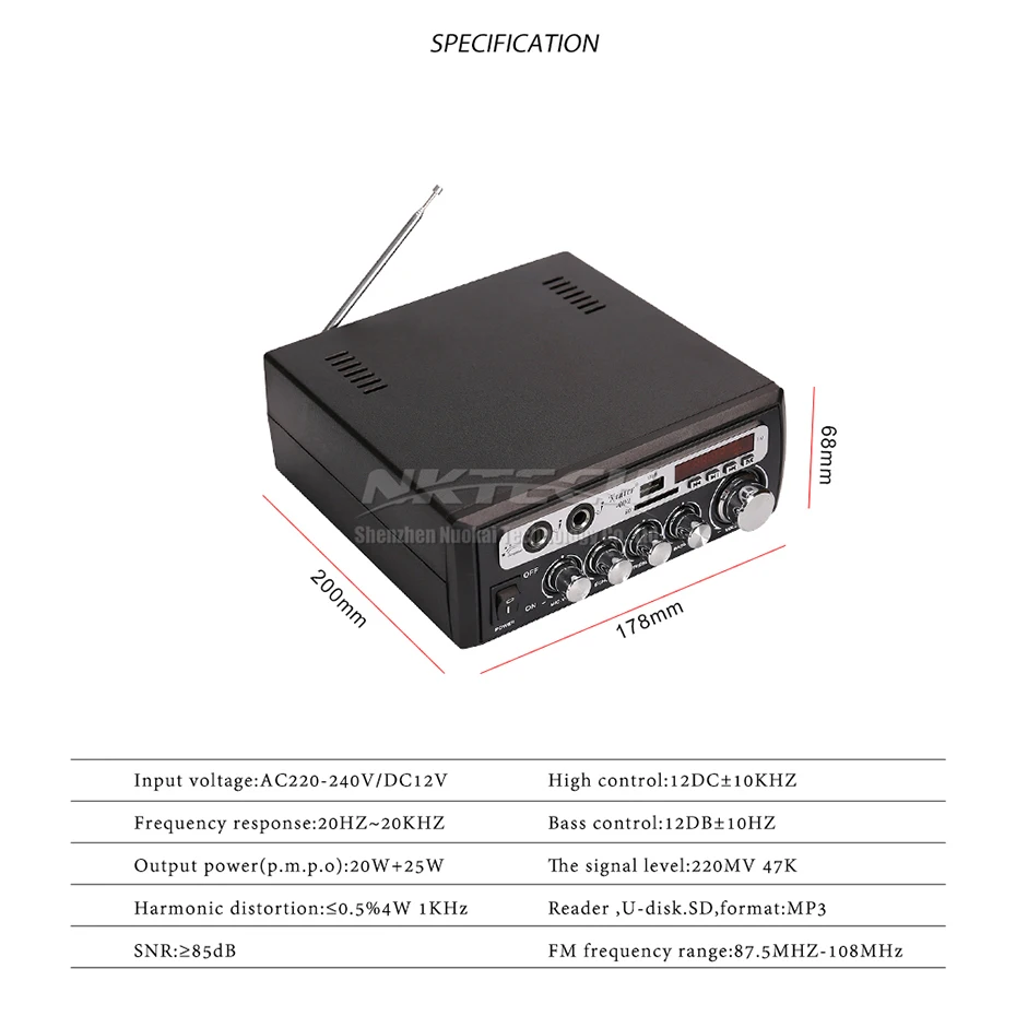 Автомобильный усилитель мощности Kinter-002 цифровой аудиоплеер 2x25 Вт Hi-Fi стерео бас USB SD MP3 FM 12 В 220-240 в двойной караоке микрофон для эхо