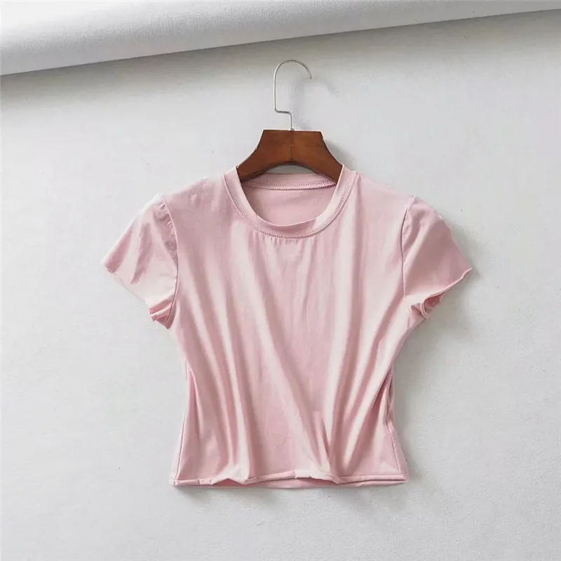 Pink Летние топы женские облегающие черные хлопковые футболки с короткими рукавами бюстье базовый с круглым вырезом футболки повседневные розовые уличные укороченный топ блуза - Цвет: Pink