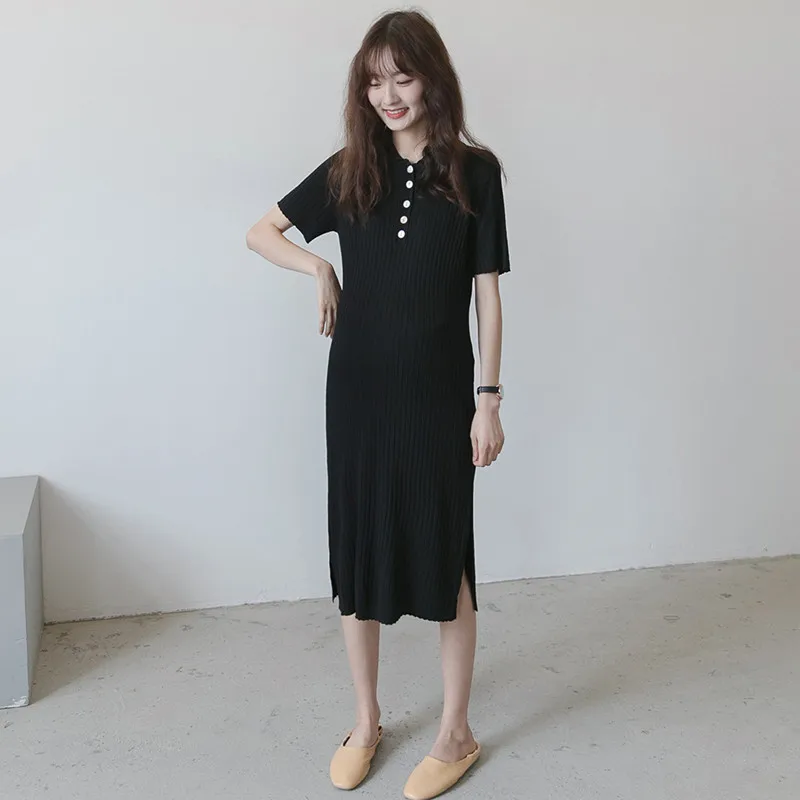 

Summer Expectant Mother Maternity Short Sleeve Dresses Pregnancy Solid Color Turn-Down Button Collar Dresse Pregnant Women Dress