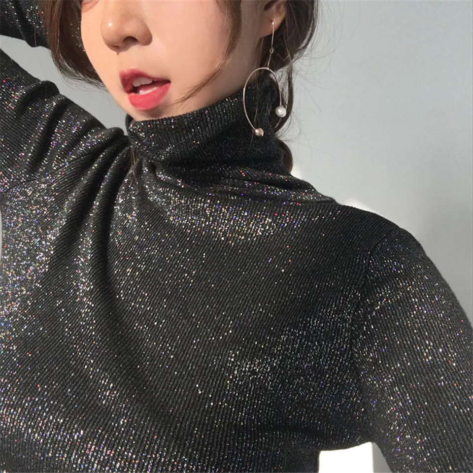 2018 Shiny Lurex Turtleneck Sweaters and Pullovers Casual Long Sleeve Pullover Slim Tops Female High Elastic Jumper | Женская одежда