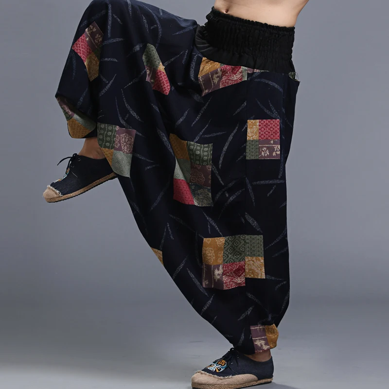 Брюки мужские хлопковые с большим шаговым швом Аладдин шаровары ниндзя