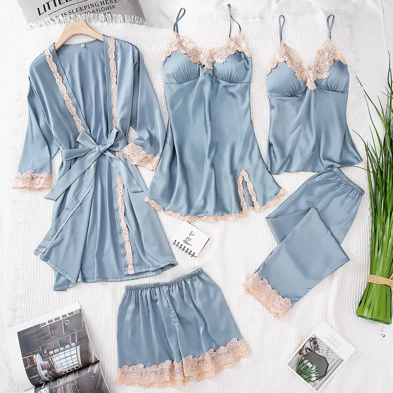 Blue SILKBEUTY пижамы женские пять комплект летний жилет+ халат ночная рубашка брюки шорты для женщин лед Шелковая пижама - Цвет: Blue
