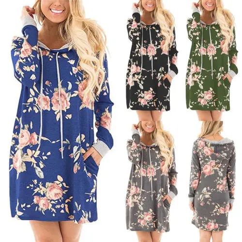 Модное осеннее платье с цветочным принтом женское капюшоном карманом длинным