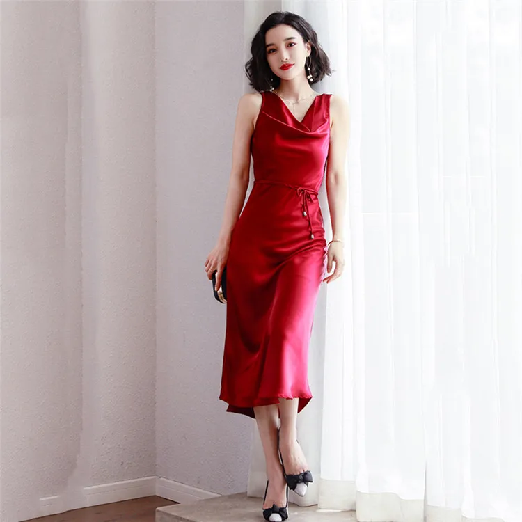 wine red Летнее сатиновое женское платье цвета красного вина, черное элегантное платье без рукавов, сексуальные платья для вечеринок, платье для ночного клуба, женское платье - Цвет: wine red
