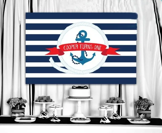 

custom Boys Baby Shower File Nautical Sailor Anchor Navy Striped backdrops Computer print birthday background