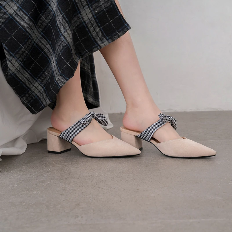 ISNOM Plaid Kid Suede Slippers Woman Pointed Toe Butterfly Knot Footwear High Heels Slides Shoes Female Mules Women Summer | Обувь