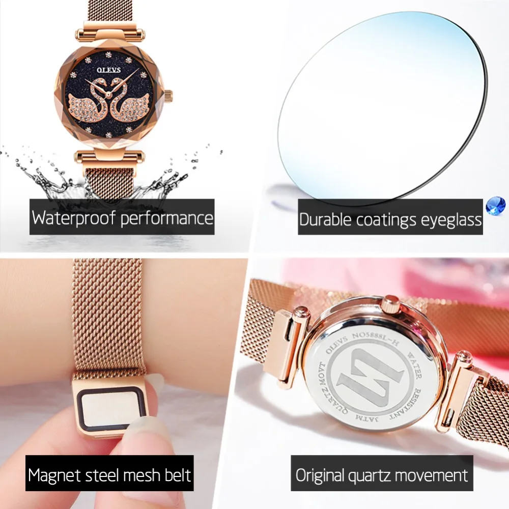 Женские кварцевые часы Reloj Mujer цвета розового золота лебедь из нержавеющей стали