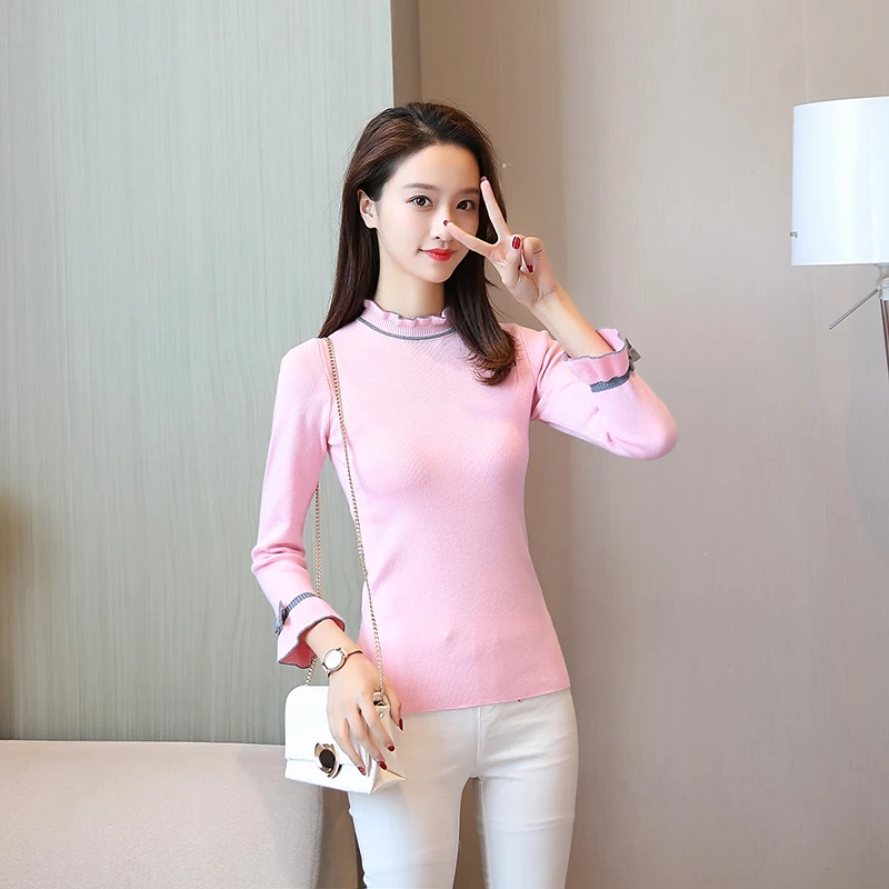 OHCLOTHING5344-женские свитера 2019New Женский пуловер высокая эластичность falbala вязаный кружевной воротник подходит ко всему джемпер