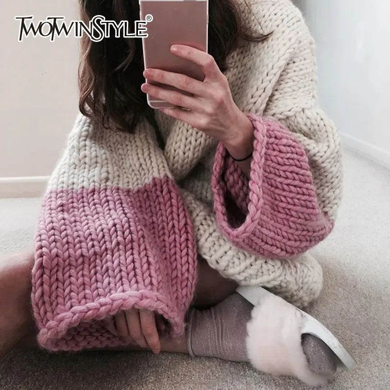 TWOTWINSTYLE мозаичное яркое цветное свитер для женщин с длинным рукавом трикотажные