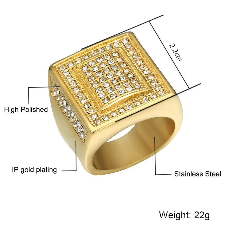 HIP Hop Titanium Micro Pave Crystal Chunky Square Mens Ring Iced Out Bling IP Gold Filled Thick Rings for Men Jewelry | Украшения и