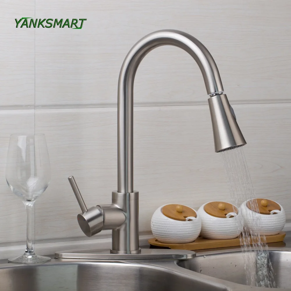 Выдвижной кран для кухни YANKSMART матовый никелевый смеситель с одной ручкой