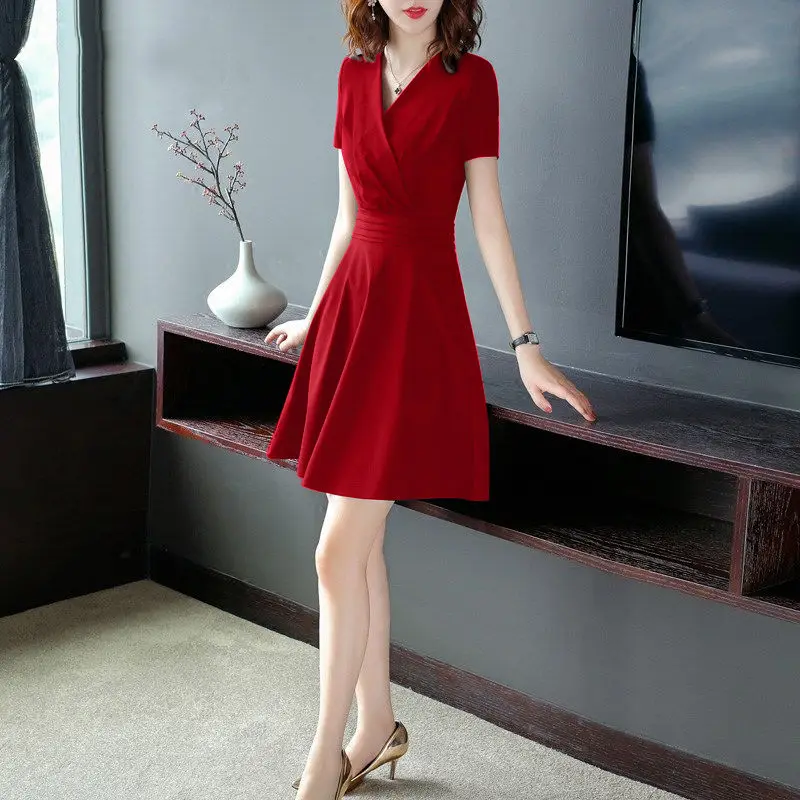 

women clothing Summer women dresses short sleeve v-neck slim korean style dresses party dresses