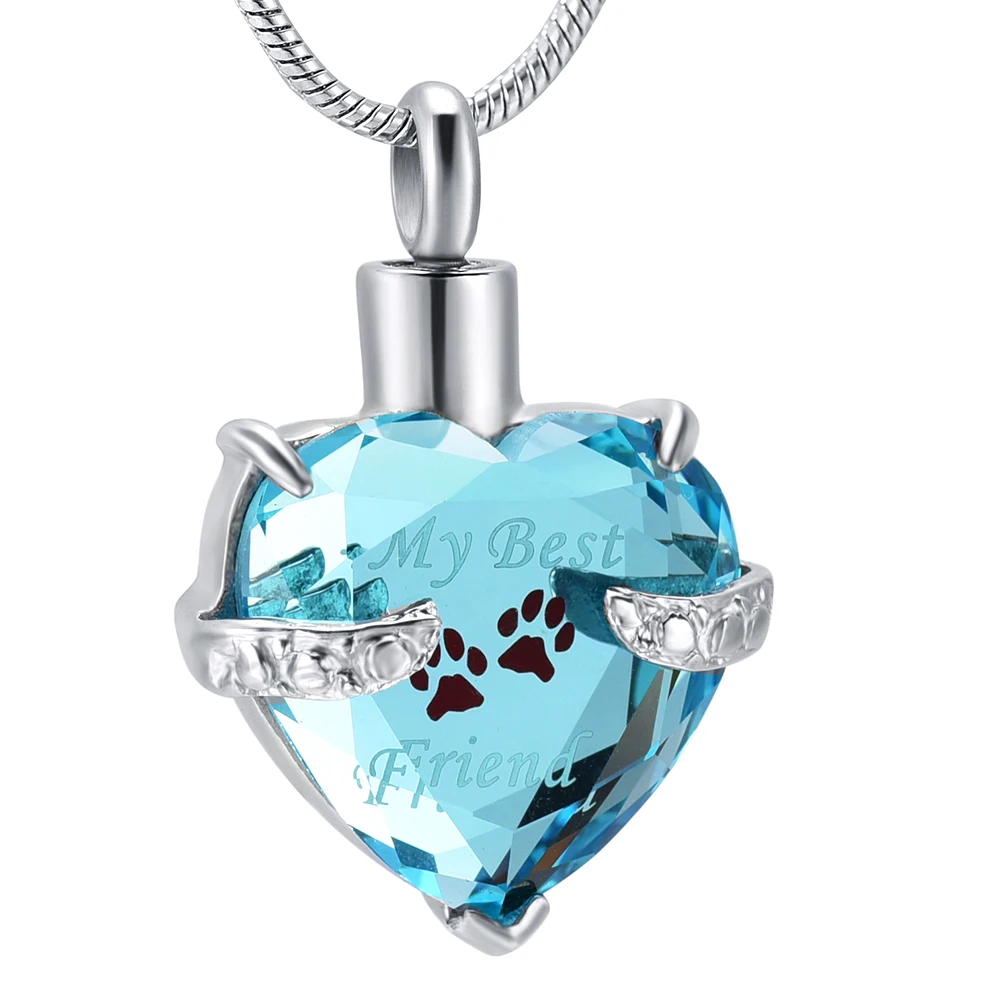 

JJ001 Crystal Heart Stainless Steel Cremation Ashes Jewellery Engraved"Paw Print My Best Friend " Pet Memorial Urn necklace