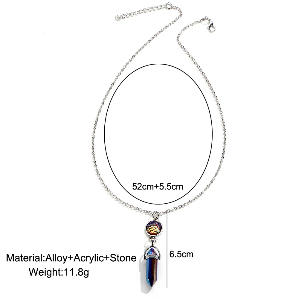 Hexagonal Column Natural Stone Pendant with Fish Scale Chakra Necklace Crystal Quartz Charms  Chain Collana Colier