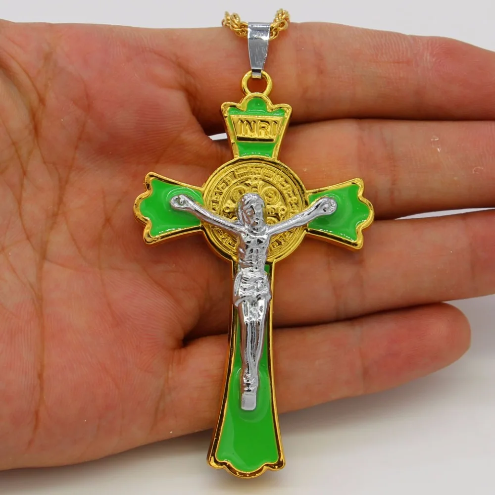 Adixyn INRI зеленый камень крест ожерелья для верующих (с изображением Иисуса) Женские
