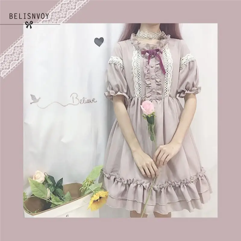 Японские Женские кружевные платья Лолиты с оборками Kawaii с коротким рукавом и высокой талией, платье для косплея в консервативном стиле, винтажное розовое вечернее платье