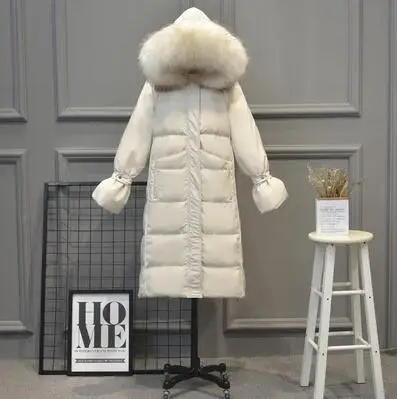beige coat white fur Женская зимняя куртка с воротником из натурального меха енота, пуховик на белом утином пуху, толстый длинный пуховик, Женская парка с капюшоном размера плюс 4XL - Цвет: beige coat white fur
