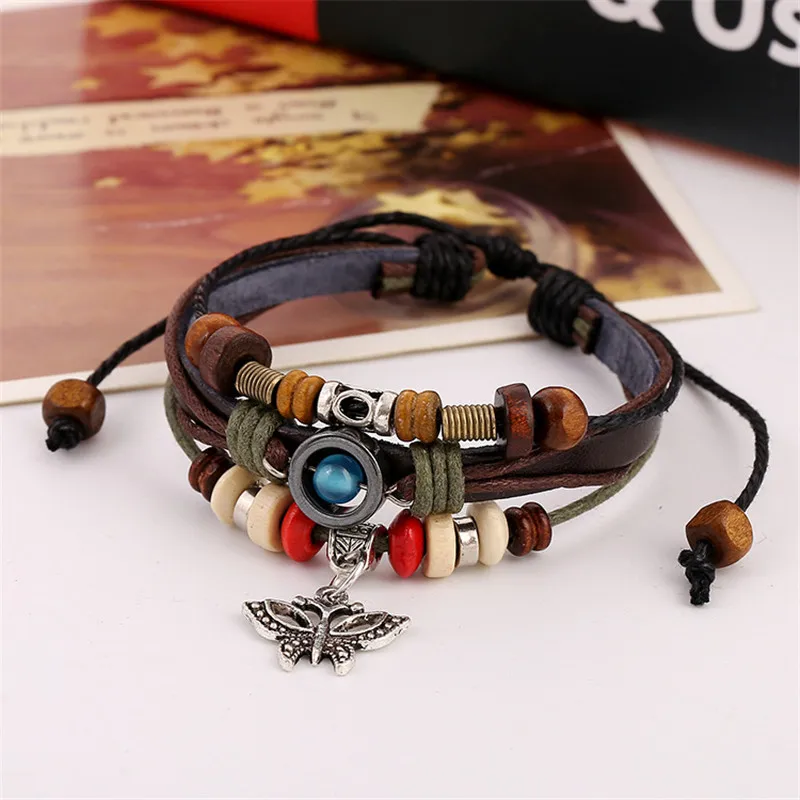 2016 New Fashion Genuine Leather Bracelet Vintage Silver Butterfly Ethnic Beaded Bracelets&Bangles Unisex Jewelry Free Shipping |