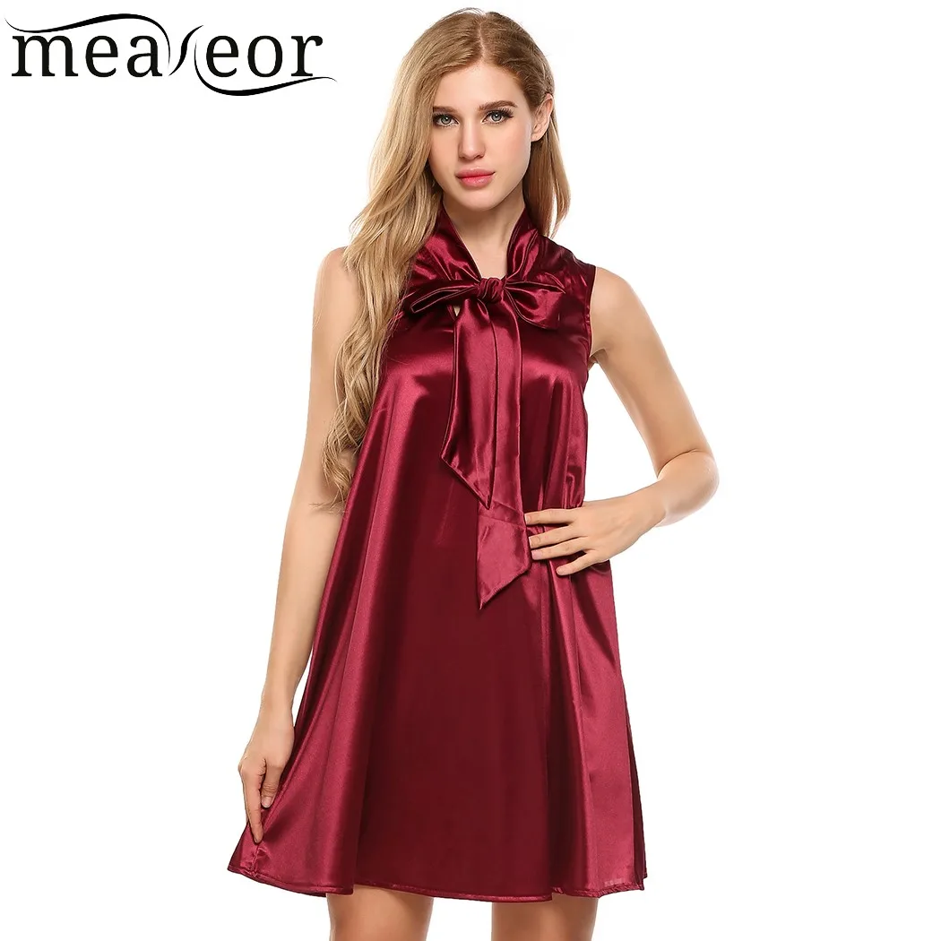 Meaneor с бантом атласное однотонное платье трапециевидной формы женское винтажное