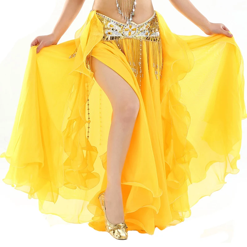 Yellow Для женщин живота Танцы Разделение юбка пикантные Профессиональный Bellydance тренировочная одежда макси длинные локоны плиссированная юбка леди 2 Слои Танцы костюмы - Цвет: Yellow