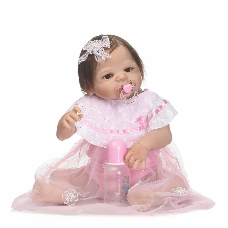 NPK brand silicone girl doll reborn 22&quot55cm pink dress bebe princess babies rooted hair child birthday present toy boneca | Игрушки и