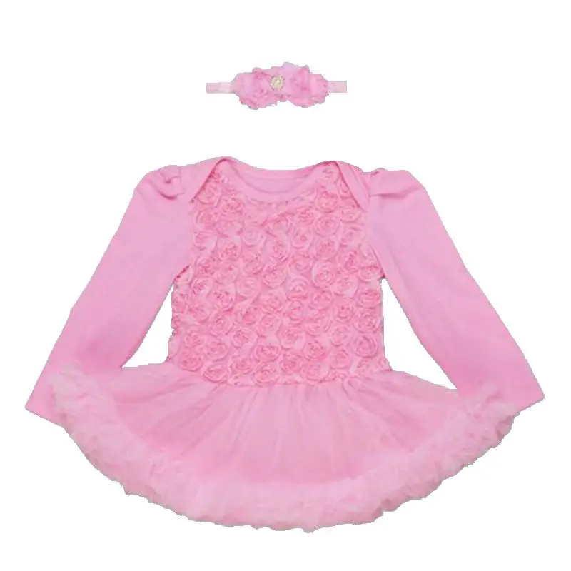 Розовый Платье для маленьких девочек розы Кружево малыша Комбинезоны малышек