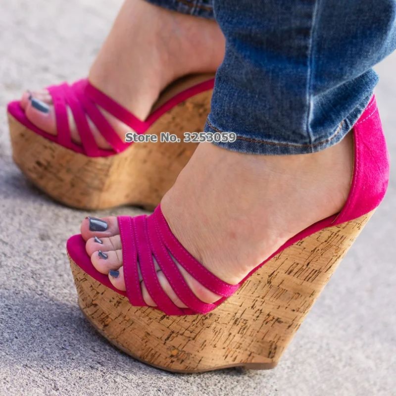 

ALMUDENA Fuchsia Suede Wood Pattern Wedge Heel Sandals Women Platform Plus Size Pink Strappy Dress Shoes Banquet Pumps Dropship