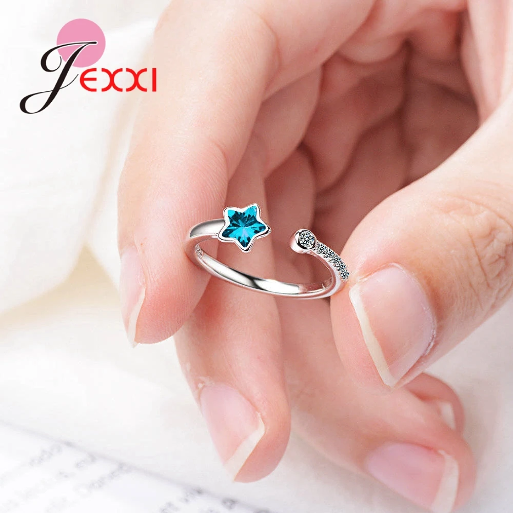 Korean Style Shiny Blue Star AAA Austrian Cubic Zirconia 925 Sterling Silver Adjustable Ring For Female Party Finger | Украшения и