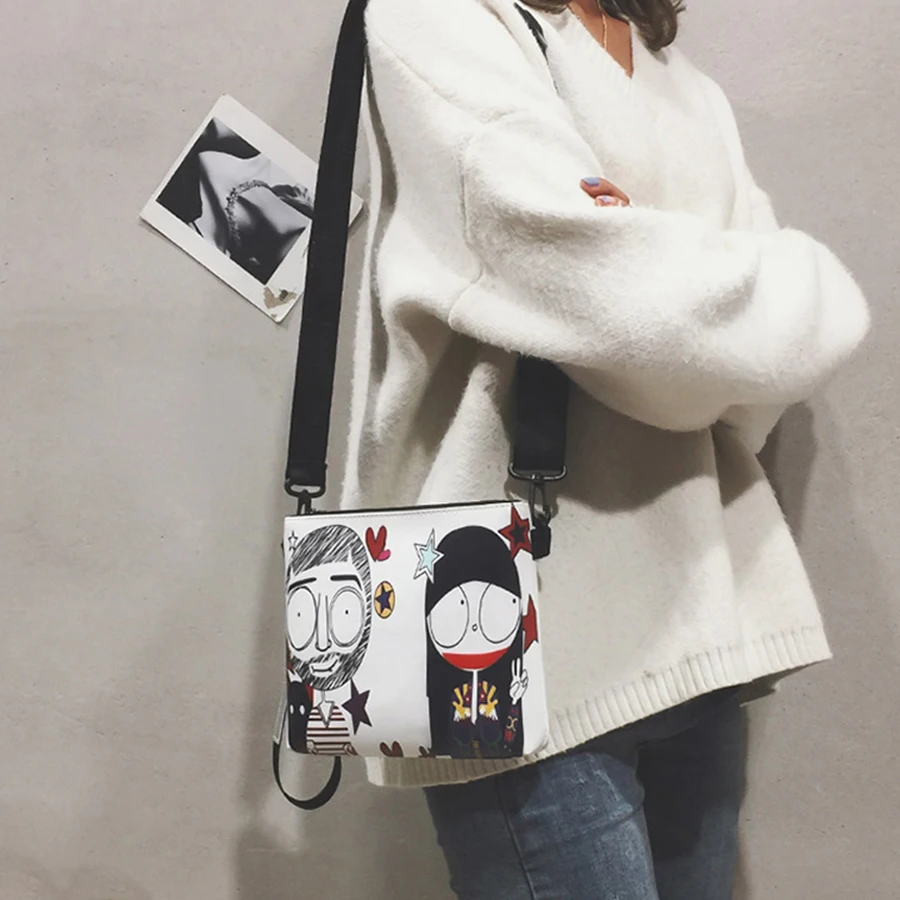 Harajuku Fun Cartoon Printing Characters Wide Straps Shoulder Bags Women Handbag Purse Mini Street Style Girls Messenger Bag New | Багаж и