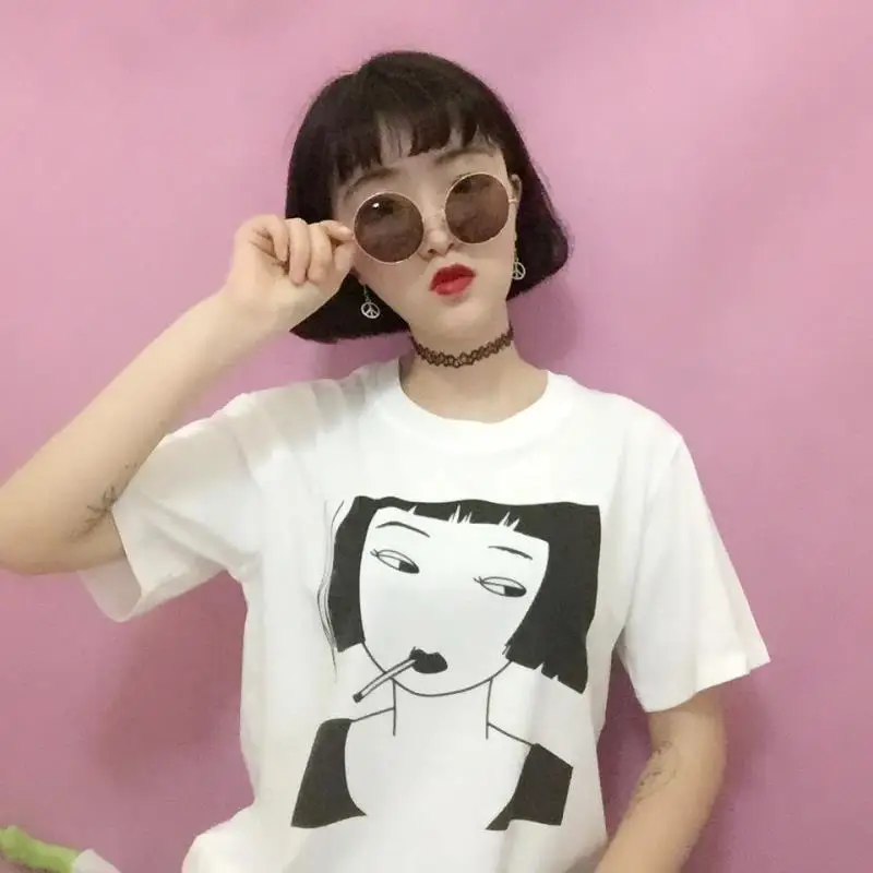 Новая модная повседневная футболка с короткими рукавами и принтом Smooking Girl |