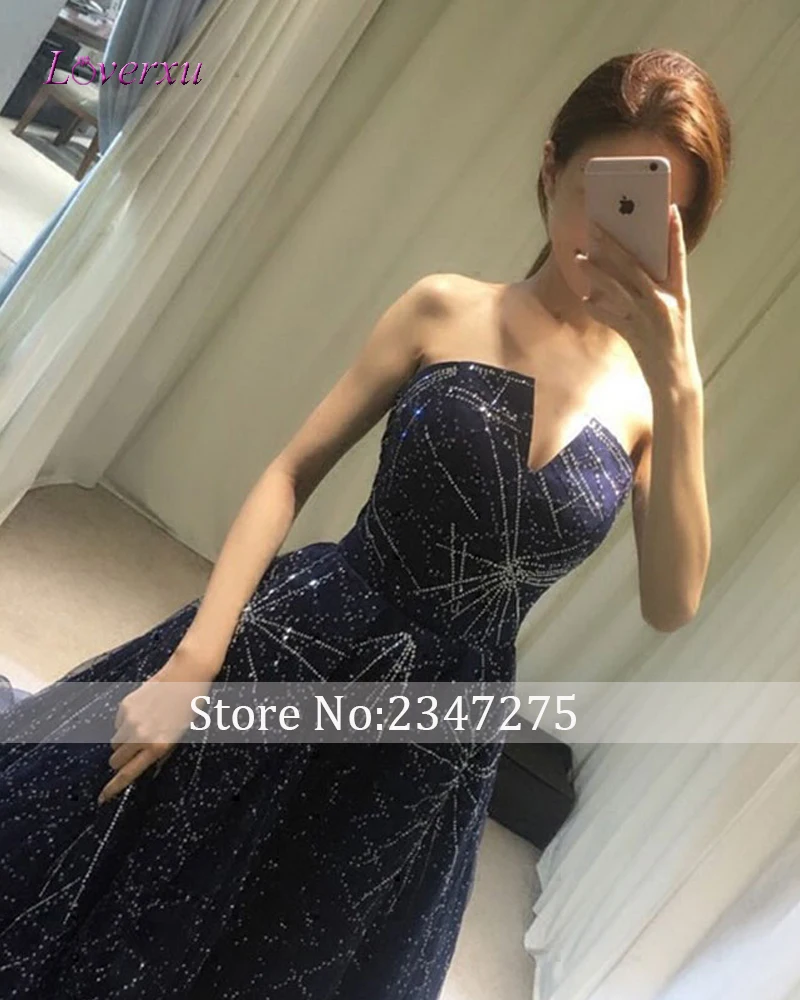 

Loverxu Real Photo Sexy V Design Long Royal Blue Evening Dresses 2019 Strapless Sequined Party Gown Vestido De Festa Plus Size