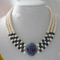 pearl necklaceclassic 3 rows 7 8mm round white freshwater pearls blue crystal necklaceperfect women chirtstmas gift