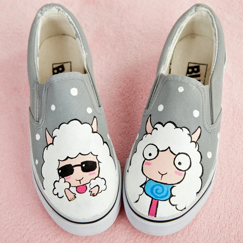 E-LOV; Kawaii; ручная роспись; Повседневная парусиновая обувь на плоской подошве для девочек; Низкие лоферы с рисунками животных и граффити; женская обувь без застежки; Zapatos De Mujer