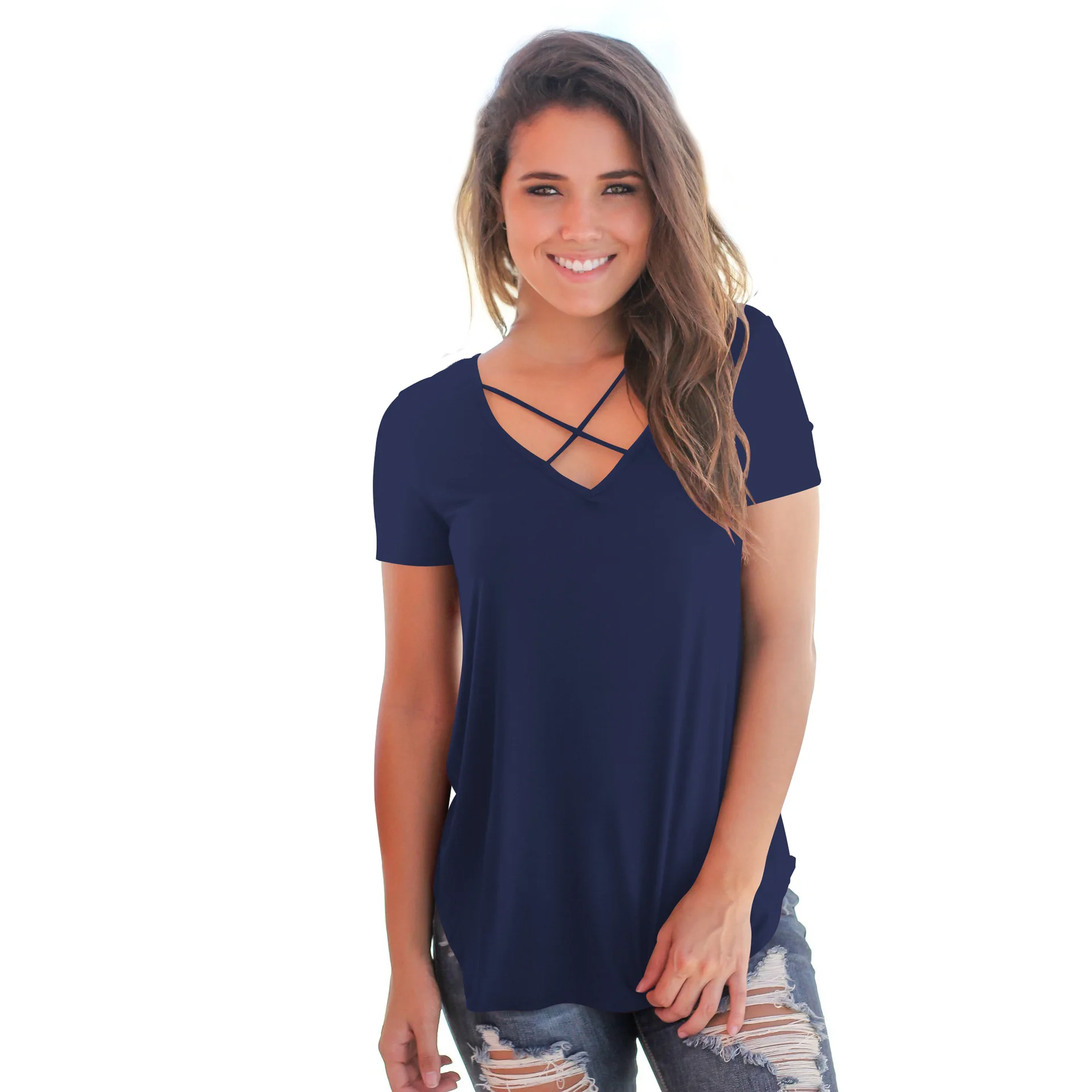 Женская футболка красная хлопковая с треугольным вырезом спереди|Футболки| |